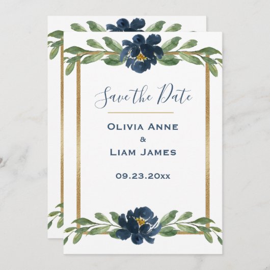 Blauwe en witte Floral Elegant Script Gold Wedding Save The Date (Voorkant / Achterkant)