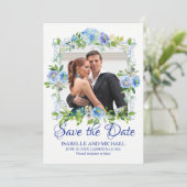 Blauwe en witte Floral Foto sparen de Kaart van de (Staand voorkant)