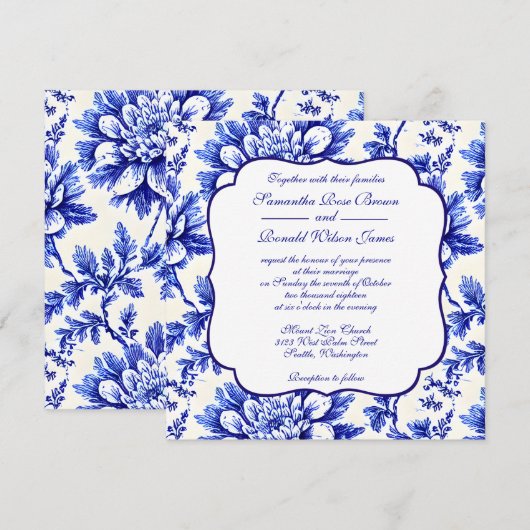 Blauwe en witte Floral Frans Decor Wedding Kaart (Voorkant / Achterkant)