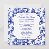 Blauwe en witte Floral Frans Decor Wedding Kaart (Voorkant)