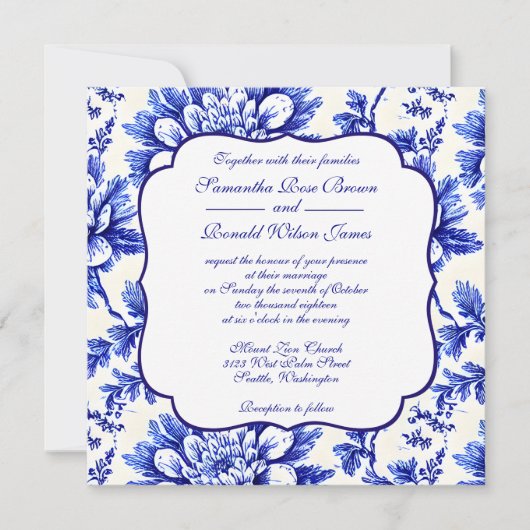 Blauwe en witte Floral Frans Decor Wedding Kaart (Voorkant)