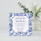 Blauwe en witte Floral Frans Decor Wedding Kaart (Staand voorkant)