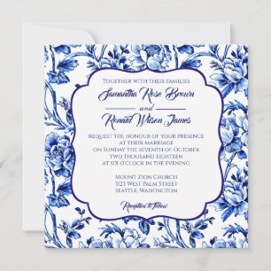 Blauwe en witte Floral Frans Decor Wedding Kaart