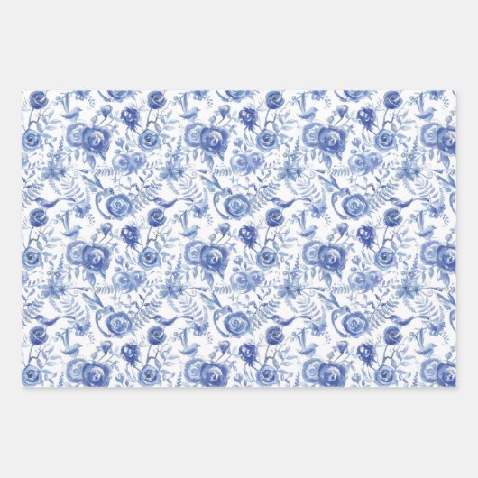 Blauwe en witte Floral Inpakpapier Vel (Voorkant)