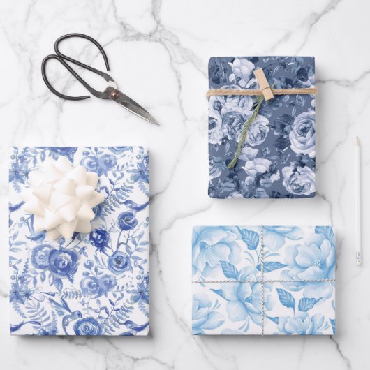 Blauwe en witte Floral Inpakpapier Vel (Voorkant)