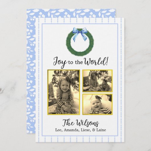 Blauwe en witte Floral kerstkaart Aankondiging (Voorkant / Achterkant)