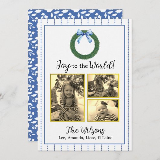 Blauwe en witte Floral kerstkaart Aankondiging (Voorkant / Achterkant)