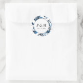 Blauwe en witte Floral met Monogram Wedding Ronde Sticker (Tas)