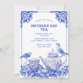 Blauwe en witte Floral |Moederdag Tea Uitnodiging (Voorkant)