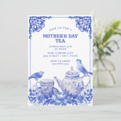 Blauwe en witte Floral |Moederdag Tea Uitnodiging (Staand voorkant)