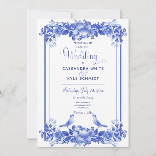 Blauwe en witte Floral Porcelain Uitnodiging (Voorkant)