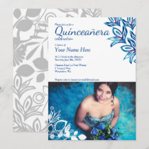 Blauwe en witte Floral Quinceañera Foto uitnodigin