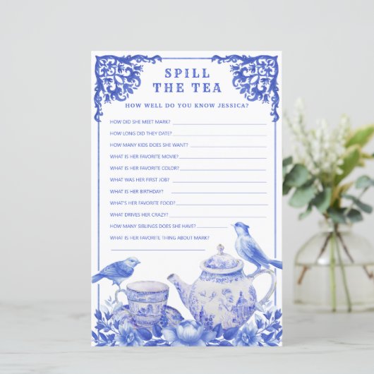 Blauwe en witte Floral Spoel het theepoetsspel (Staand voorkant)