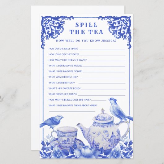 Blauwe en witte Floral Spoel het theepoetsspel (Voorkant / Achterkant)