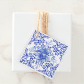 Blauwe en witte Floral Tegel met vogel Bedankjes Labels (In situ)