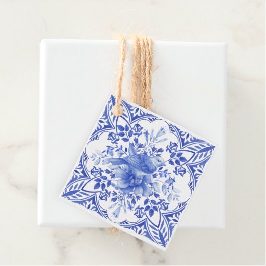 Blauwe en witte Floral Tegel met vogel Bedankjes Labels (In situ)