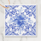 Blauwe en witte Floral Tegel met vogel Bedankjes Labels (Voorkant)