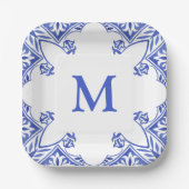 Blauwe en witte Floral Tegel Monogram Napkins Papieren Bordje (Voorkant)