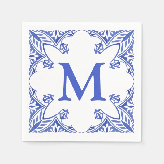 Blauwe en witte Floral Tegel Monogram Napkins Servet (Voorkant)