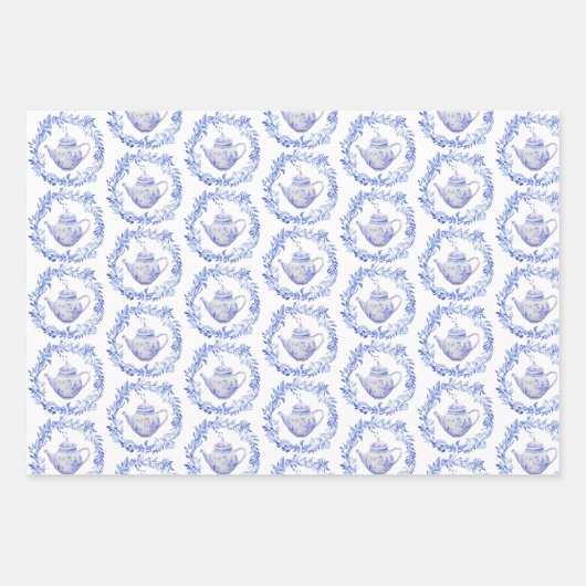 Blauwe en witte Floral Thea Pot met vogels Inpakpapier Vel (Voorkant 3)