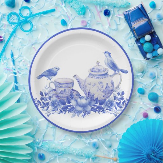 Blauwe en witte Floral Thea Pot met vogels Papieren Bordje (Feest)