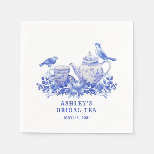 Blauwe en witte Floral Thea Pot met vogels Servet (Voorkant)