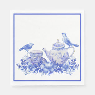 Blauwe en witte Floral Thea Pot met vogels Servet