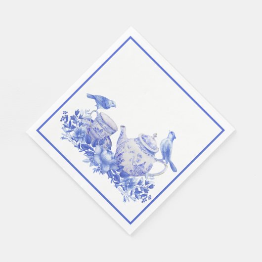 Blauwe en witte Floral Thea Pot met vogels Servet (Hoek)