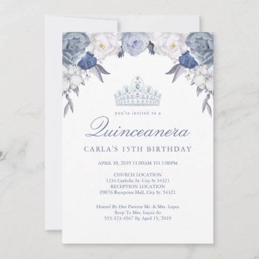 Blauwe en witte Floral | Uitnodigingen van Quincea (Voorkant)