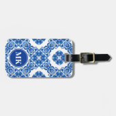 Blauwe en witte Floral Waterverf Parisian Monogram Bagagelabel (Voorkant horizontaal)
