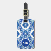 Blauwe en witte Floral Waterverf Parisian Monogram Bagagelabel (Voorkant verticaal)