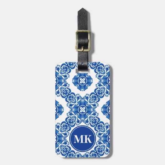 Blauwe en witte Floral Waterverf Parisian Monogram Bagagelabel (Voorkant verticaal)