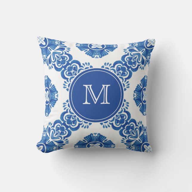 Blauwe en witte Floral Waterverf Parisian Monogram Buitenkussen (Voorkant)