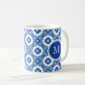Blauwe en witte Floral Waterverf Parisian Monogram Koffiemok (Voorkant rechts)