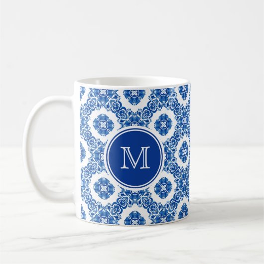 Blauwe en witte Floral Waterverf Parisian Monogram Koffiemok (Links)