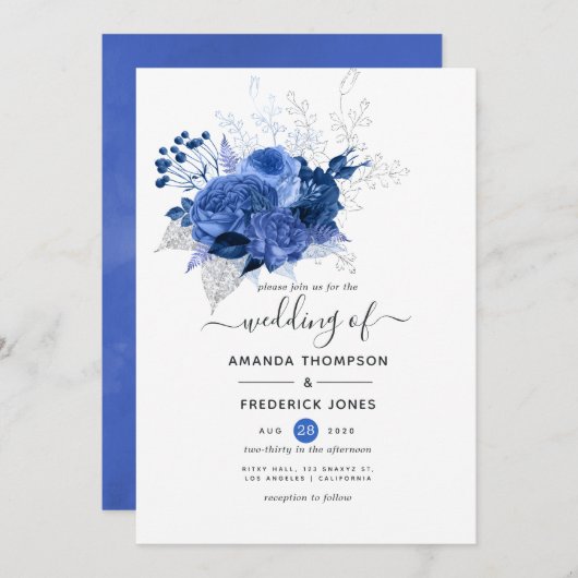 Blauwe en witte Floral Wedding Kaart (Voorkant / Achterkant)