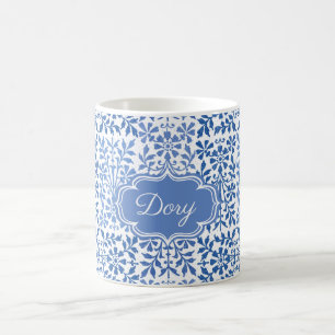 Blauwe en witte  florale maataanduiding koffiemok