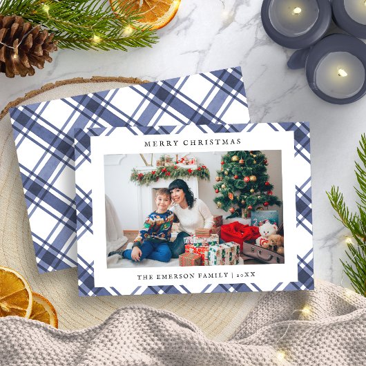 Blauwe en Witte Foto Kerstkaart