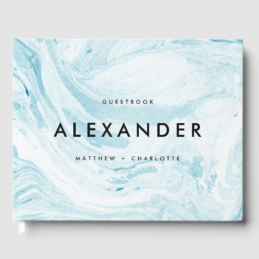 Blauwe en witte foto Marmer Modern Wedding Foto Gastenboek (Voorkant)
