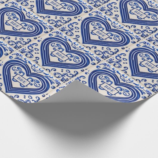 Blauwe en witte gekleurde Tegel Kijk - voeg initia Cadeaupapier (Hoek)