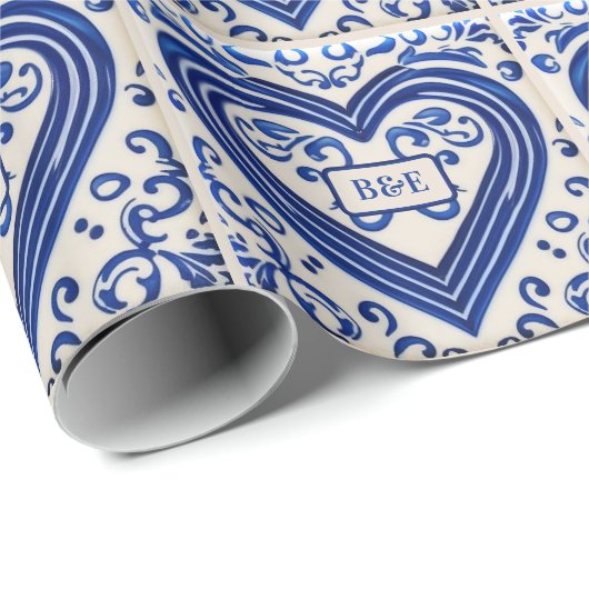 Blauwe en witte gekleurde Tegel Kijk - voeg initia Cadeaupapier (Rol Hoek)