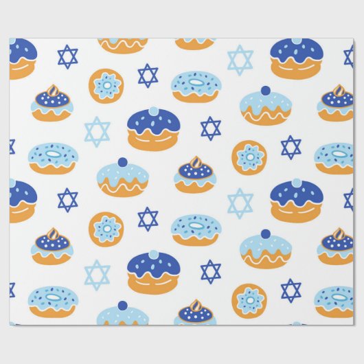 Blauwe en witte gelei Donut Chanoeka Cadeaupapier (Vlak)