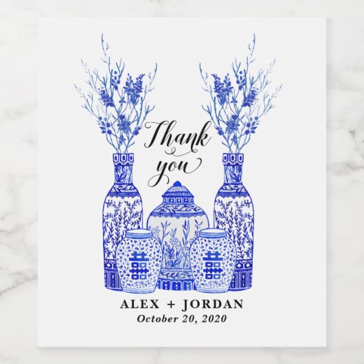 Blauwe en witte gember Jar Dank je Label Wijn Etiket (Enkel label)