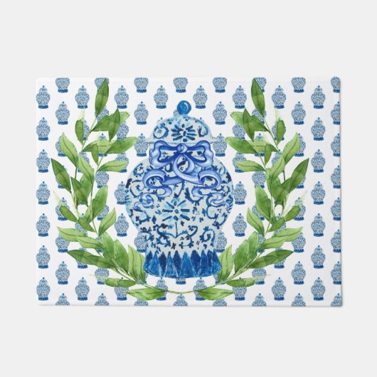 Blauwe en witte gember jar deurmat (Voorkant)