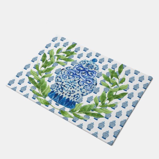 Blauwe en witte gember jar deurmat (Schuin)