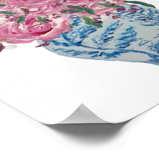 Blauwe en witte gember jar roze rozen kunst Afdruk Poster (Hoek)