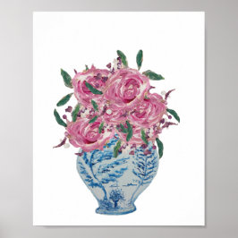 Blauwe en witte gember jar roze rozen kunst Afdruk Poster