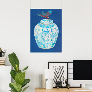 Blauwe en witte gember pot met Dragonfly Poster