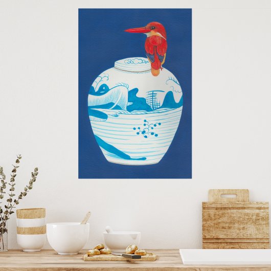 Blauwe en witte gemberpot met rode ijsvogel poster (Keuken)