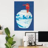 Blauwe en witte gemberpot met rode ijsvogel poster (Thuiskantoor)